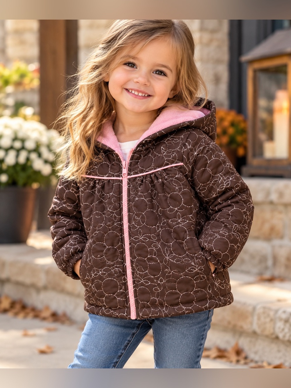 Okie Dokie Girls 3T Brown Floral Hooded Jacket Pink Fleece Lined